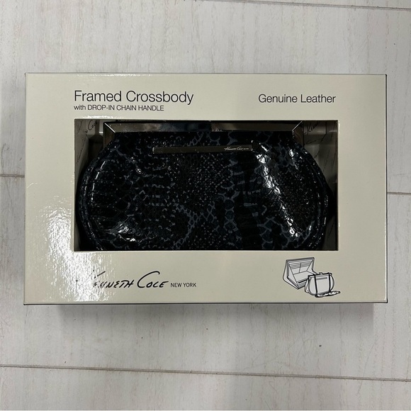 Kenneth Cole Genuine Leather Framed Crossbody Black Python EUC Drop-nChain Strap - Picture 1 of 11